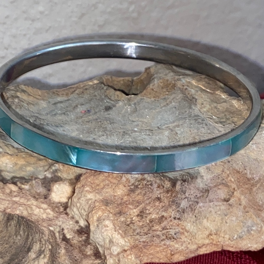 Vintage 80s Stainless Steel  Aqua Mother of Pearl Inlay Bangle Bracelet